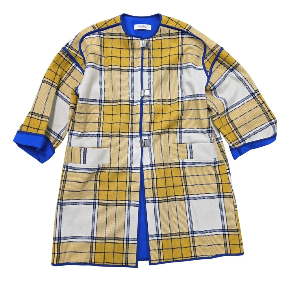 Rodebjer Joska XS Yellow Plaid‎ Wool Blend Coat Collarless Jacket Clueless